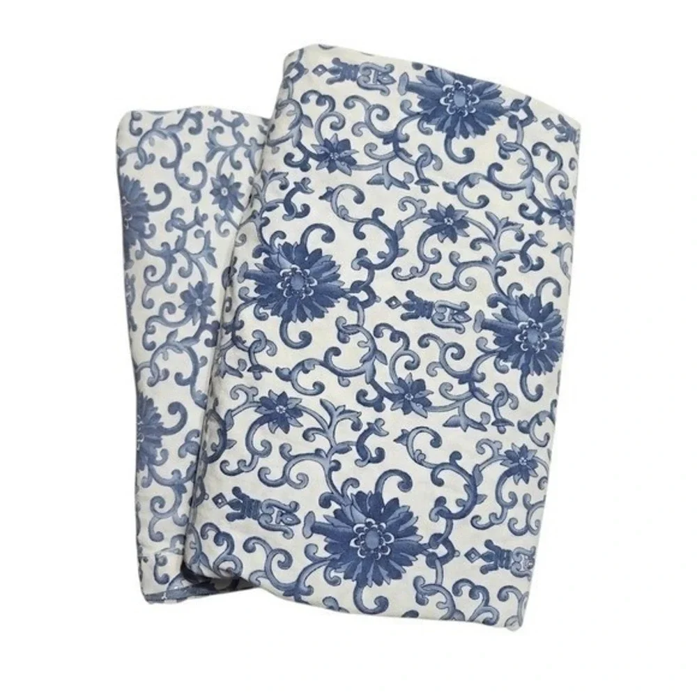 Vintage Lauren Ralph‎ Lauren King Flat Sheet Set 2pc Blue White Jacobean Floral
